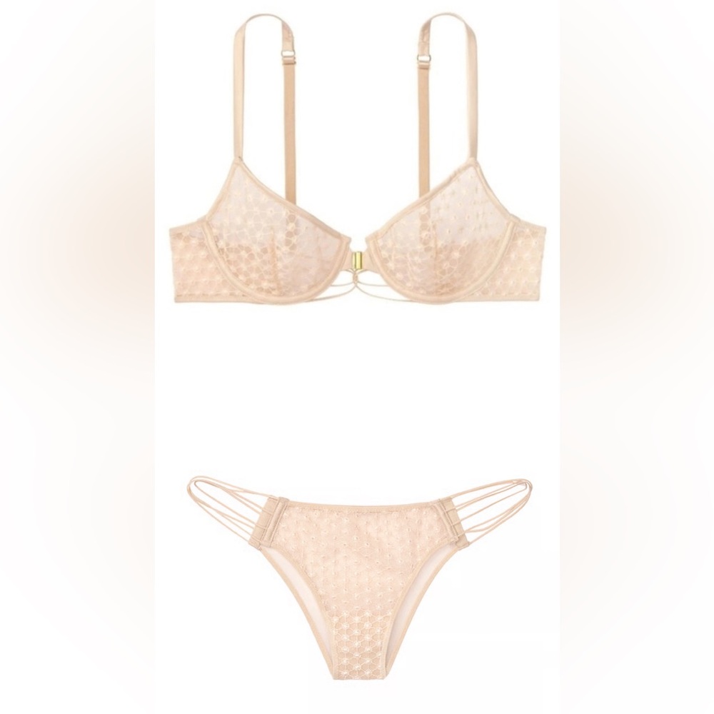 NWT VS Set - Beige Unlined Mesh Demi Starburst Lingerie 32D Bra XS Panties